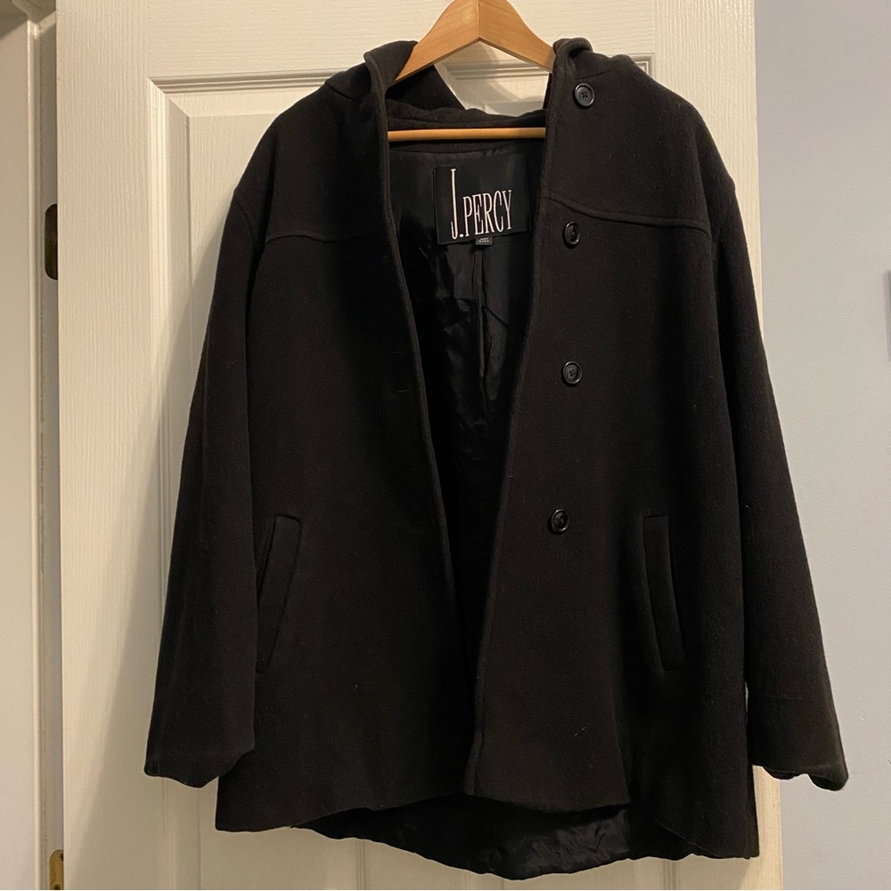 J Percy Vintage Women's Classic Black Pea Coat Cape with Hood, Buttons - Size L